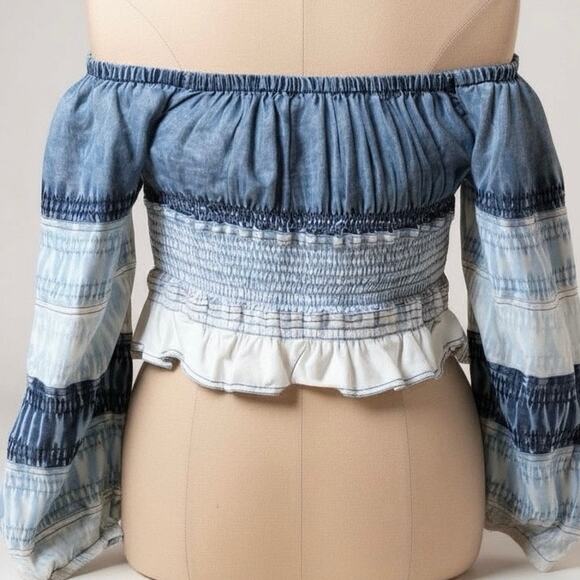 Pilcro Smocked Chambray Off Shoulder Blouse Blue Anthropologie Women XS - Picture 2 of 6